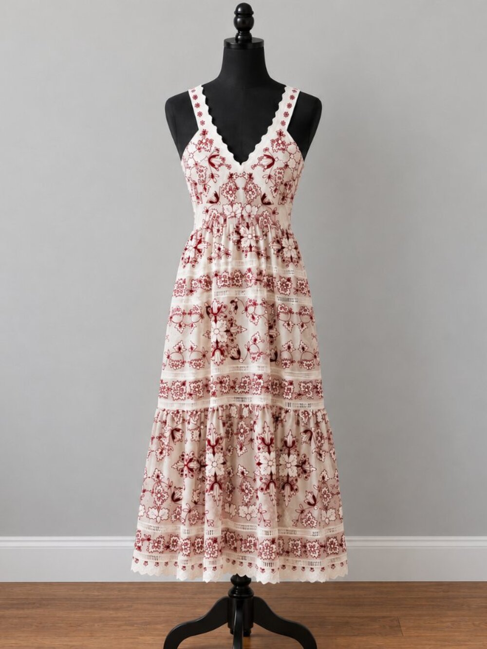 By Anthropologie Scalloped Lace V-Neck Tiered Midi Dress White Burgundy XLP
